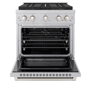 ZLINE 30 in. 4.2 cu. ft. Paramount Gas Range with 4 Burner DuoPro™ Cooktop and Convection Gas Oven in Satin Stainless Steel (PSGRS-30) front, oven open.