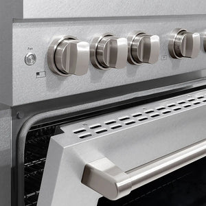 ZLINE 36 in. 5.2 cu. ft. Paramount Gas Range with 6 Burner DuoPro™ Cooktop and Convection Gas Oven in Satin Stainless Steel (PSGRS-36) oven door slightly open showing handle detail.