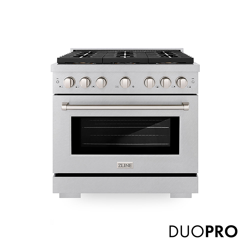 ZLINE 36 in. 5.2 cu. ft. Paramount Gas Range with 6 Burner DuoPro™ Cooktop and Convection Gas Oven in Satin Stainless Steel (PSGRS-36) front, with DuoPro™ logo.