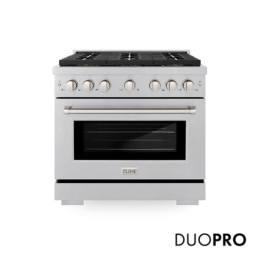 ZLINE 36 in. 5.2 cu. ft. Paramount Gas Range with 6 Burner DuoPro™ Cooktop and Convection Gas Oven in Satin Stainless Steel (PSGRS-36) front, with DuoPro™ logo.