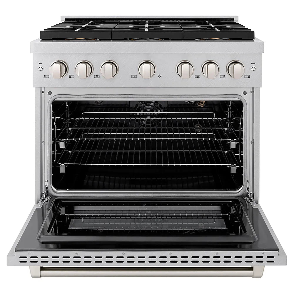 ZLINE 36 in. 5.2 cu. ft. Paramount Gas Range with 6 Burner DuoPro™ Cooktop and Convection Gas Oven in Satin Stainless Steel (PSGRS-36) front, oven open.