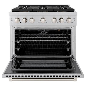 ZLINE 36 in. 5.2 cu. ft. Paramount Gas Range with 6 Burner DuoPro™ Cooktop and Convection Gas Oven in Satin Stainless Steel (PSGRS-36) front, oven open.