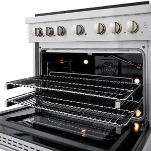 ZLINE 36 in. 5.2 cu. ft. Paramount Gas Range with 6 Burner DuoPro™ Cooktop and Convection Gas Oven in Satin Stainless Steel (PSGRS-36) with open door showing interior racks and heating elements.