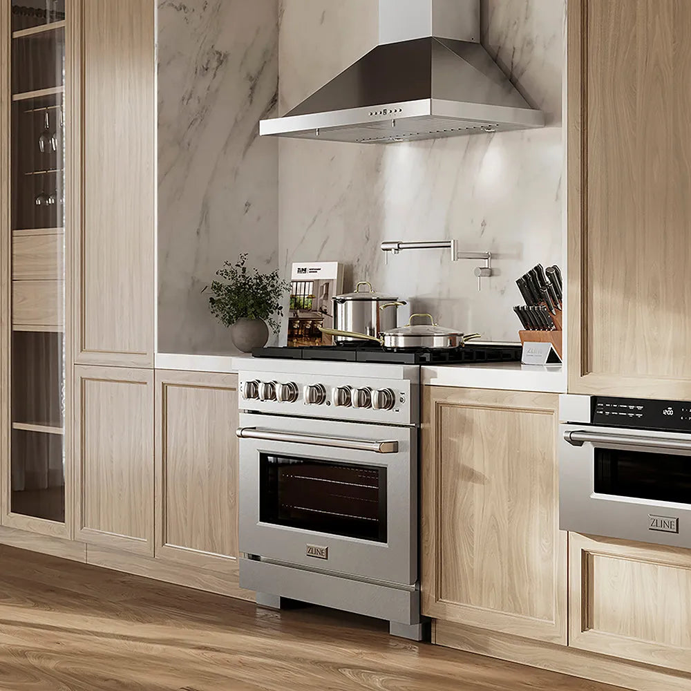 ZLINE 36 in. 5.2 cu. ft. Paramount Gas Range with 6 Burner DuoPro™ Cooktop and Convection Gas Oven in Satin Stainless Steel (PSGRS-36) in a luxury kitchen with wooden cabinets marble backsplash, side.