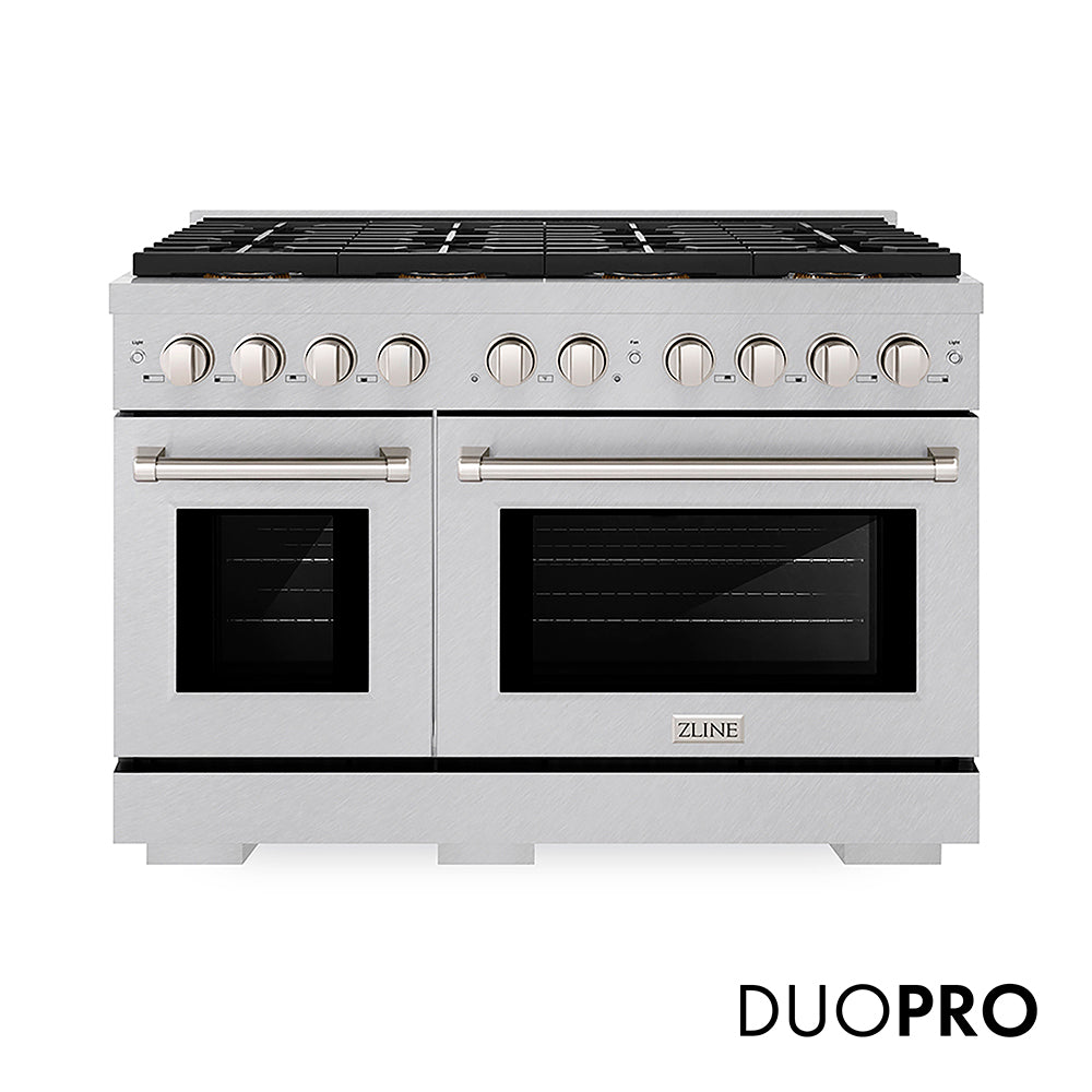 ZLINE 48 in. 6.7 cu. ft. Paramount Gas Range with 8 Burner DuoPro™ Cooktop and Dual Ovens in Satin Stainless Steel (PSGRS-48) front, with DuoPro™ logo.