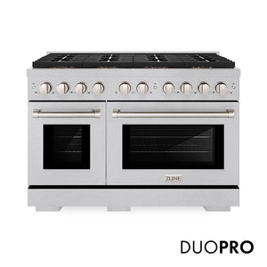 ZLINE 48 in. 6.7 cu. ft. Paramount Gas Range with 8 Burner DuoPro™ Cooktop and Dual Ovens in Satin Stainless Steel (PSGRS-48) front, with DuoPro™ logo.