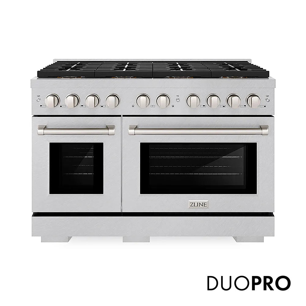 ZLINE 48 in. 6.7 cu. ft. Paramount Gas Range with 8 Burner DuoPro™ Cooktop and Dual Ovens in Satin Stainless Steel (PSGRS-48) main image.