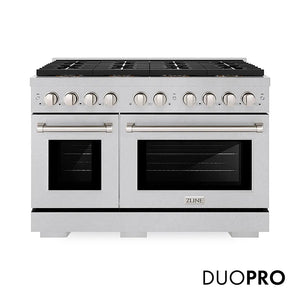 ZLINE 48 in. 6.7 cu. ft. Paramount Gas Range with 8 Burner DuoPro™ Cooktop and Dual Ovens in Satin Stainless Steel (PSGRS-48) main image.