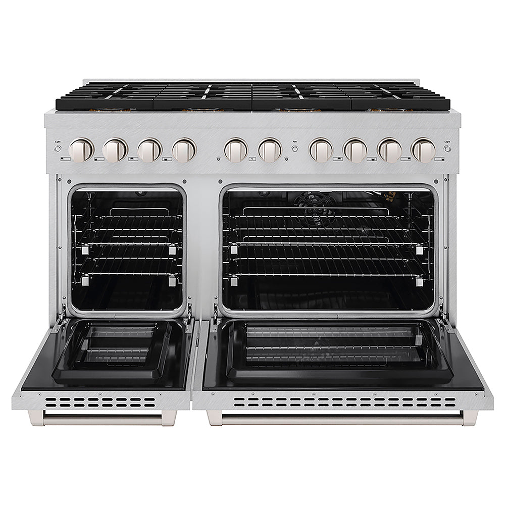 ZLINE 48 in. 6.7 cu. ft. Paramount Gas Range with 8 Burner DuoPro™ Cooktop and Dual Ovens in Satin Stainless Steel (PSGRS-48) front, oven open.