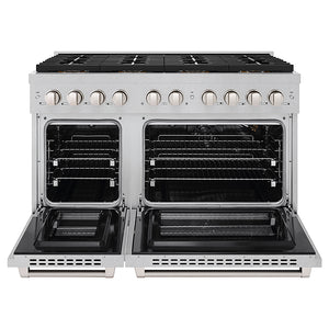 ZLINE 48 in. 6.7 cu. ft. Paramount Gas Range with 8 Burner DuoPro™ Cooktop and Dual Ovens in Satin Stainless Steel (PSGRS-48) front, oven open.