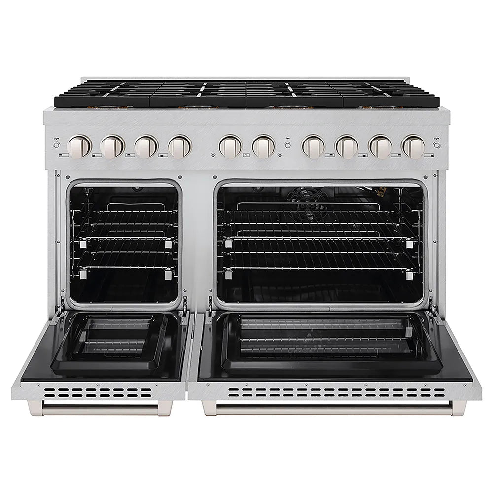 ZLINE 48 in. 6.7 cu. ft. Paramount Gas Range with 8 Burner DuoPro™ Cooktop and Dual Ovens in Satin Stainless Steel (PSGRS-48) front, oven open.