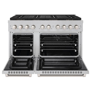 ZLINE 48 in. 6.7 cu. ft. Paramount Gas Range with 8 Burner DuoPro™ Cooktop and Dual Ovens in Satin Stainless Steel (PSGRS-48) front, oven open.