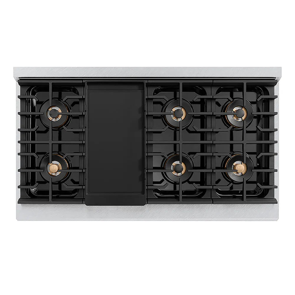 ZLINE 48 in. 6.7 cu. ft. Paramount Gas Range with 8 Burner DuoPro™ Cooktop and Dual Ovens in Satin Stainless Steel (PSGRS-48) top-down, above cooktop.