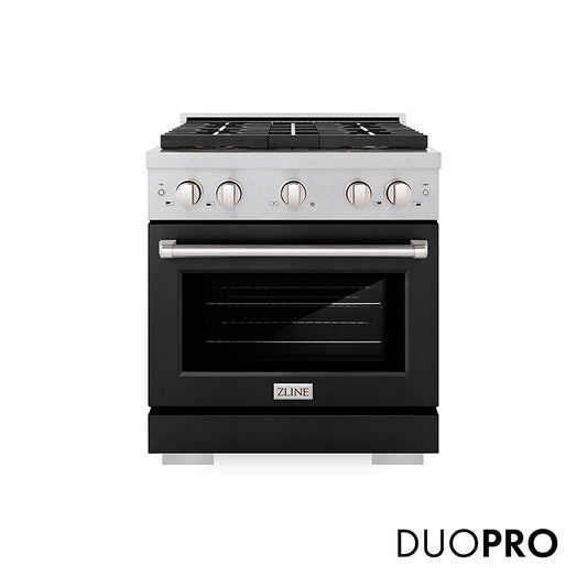 ZLINE 30 in. 4.2 cu. ft. Paramount Gas Range with 4 Burner DuoPro™ Cooktop and Convection Gas Oven in Satin Stainless Steel with Black Matte Door (PSGRS-BLM-30) front, with DuoPro™ logo.