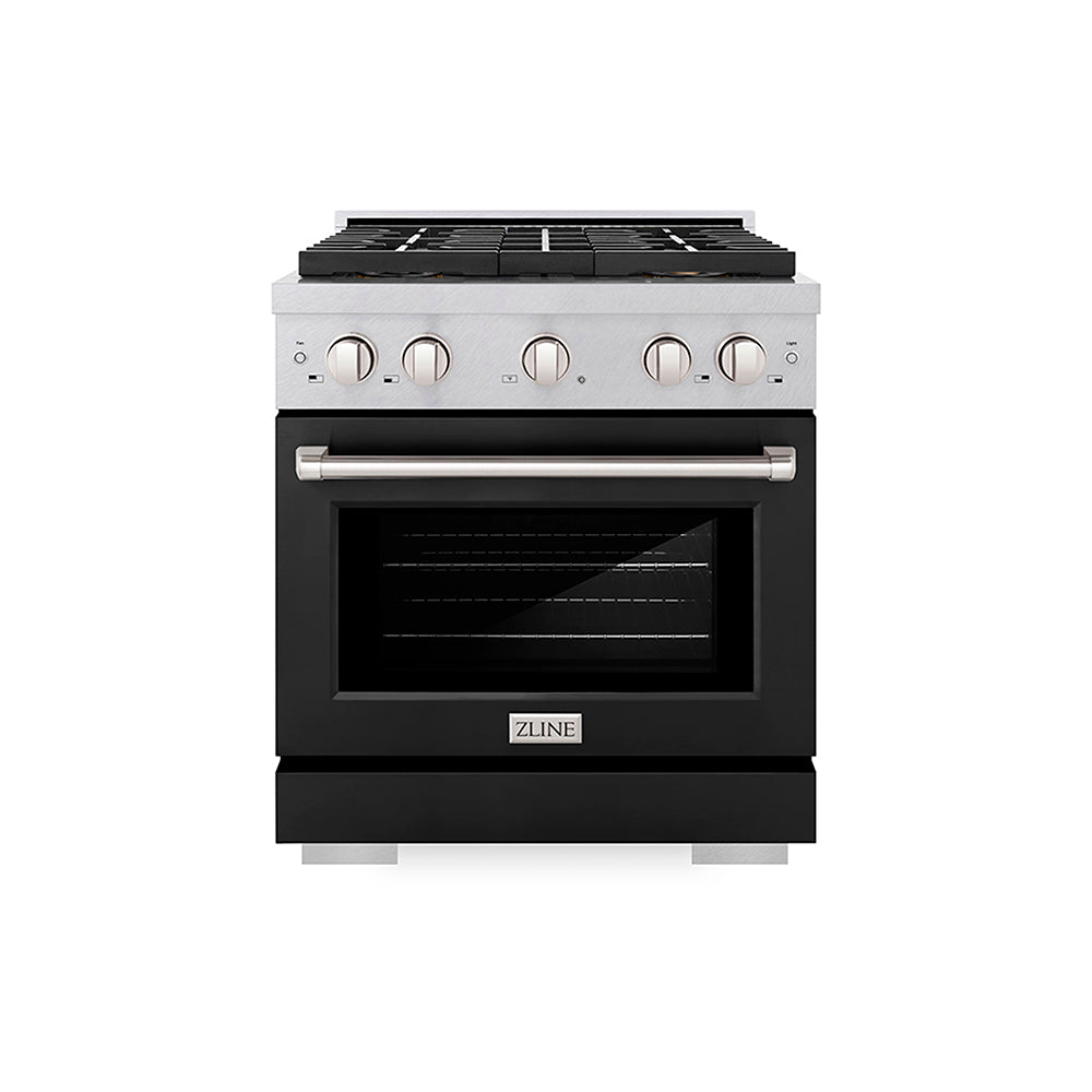 ZLINE 30 in. 4.2 cu. ft. Paramount Gas Range with 4 Burner DuoPro™ Cooktop and Convection Gas Oven in Satin Stainless Steel with Black Matte Door (PSGRS-BLM-30)