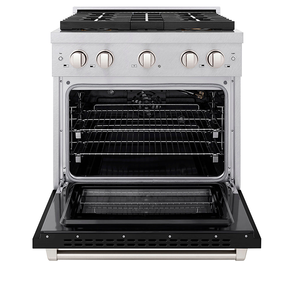ZLINE 30 in. 4.2 cu. ft. Paramount Gas Range with 4 Burner DuoPro™ Cooktop and Convection Gas Oven in Satin Stainless Steel with Black Matte Door (PSGRS-BLM-30) front, oven open.