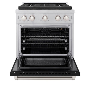 ZLINE 30 in. 4.2 cu. ft. Paramount Gas Range with 4 Burner DuoPro™ Cooktop and Convection Gas Oven in Satin Stainless Steel with Black Matte Door (PSGRS-BLM-30) front, oven open.