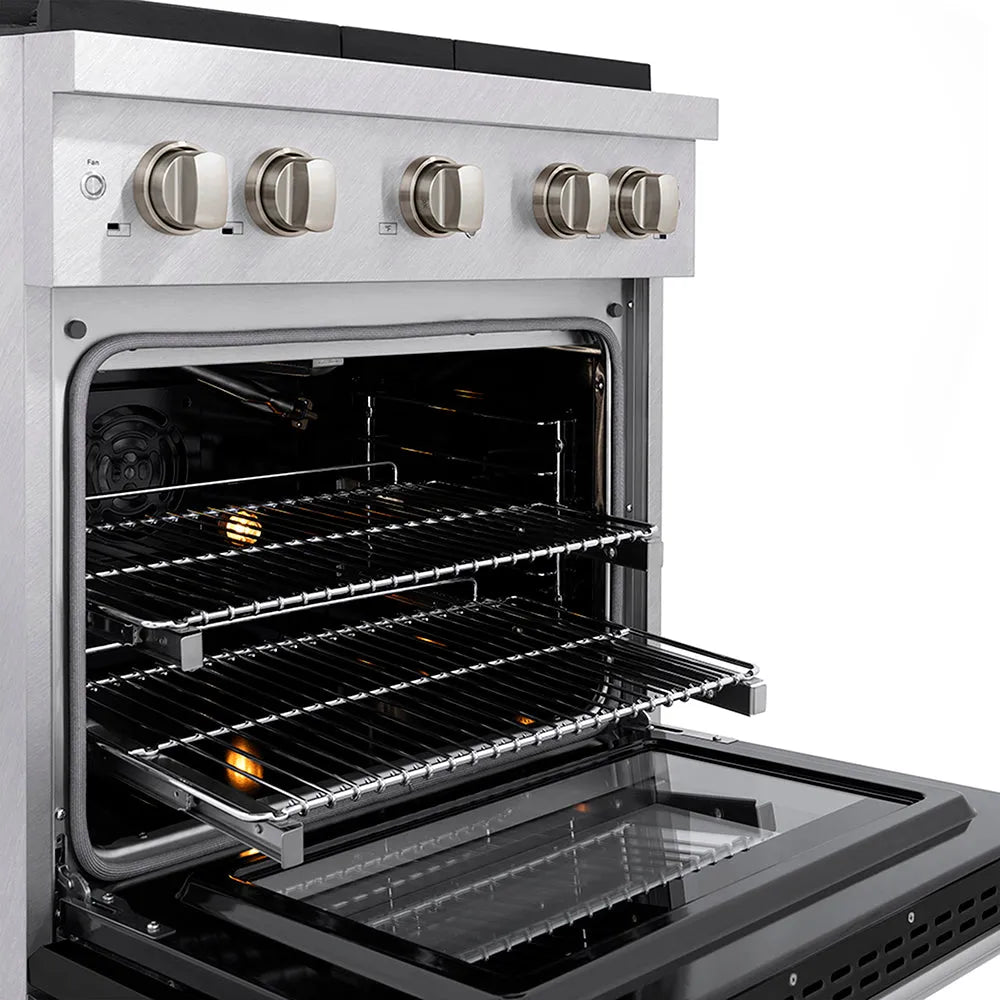 ZLINE 30 in. 4.2 cu. ft. Paramount Gas Range with 4 Burner DuoPro™ Cooktop and Convection Gas Oven in Satin Stainless Steel with Black Matte Door (PSGRS-BLM-30) close-up, oven open with racks extended, showing design and structure.
