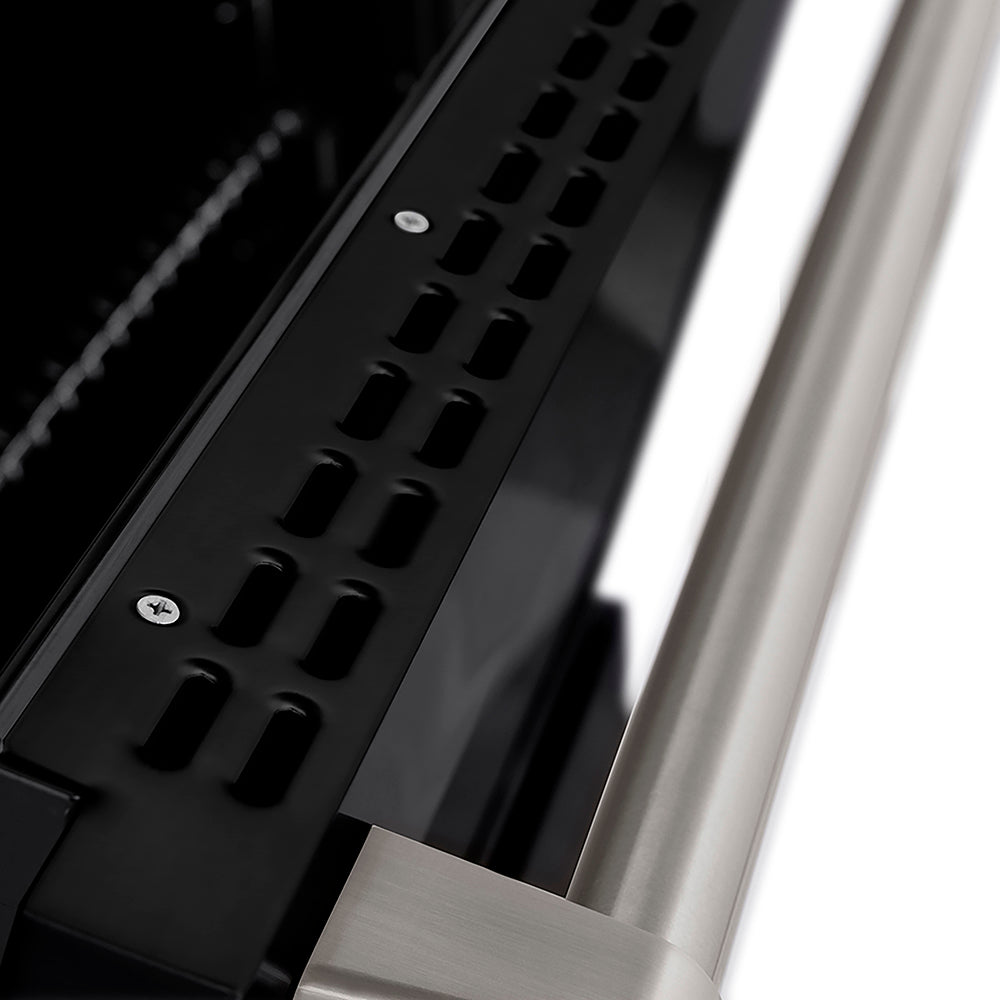 ZLINE 36 in. 5.2 cu. ft. Paramount Gas Range with 6 Burner DuoPro™ Cooktop and Convection Gas Oven in Satin Stainless Steel with Black Matte Door (PSGRS-BLM-36) oven door slightly open showing handle detail.