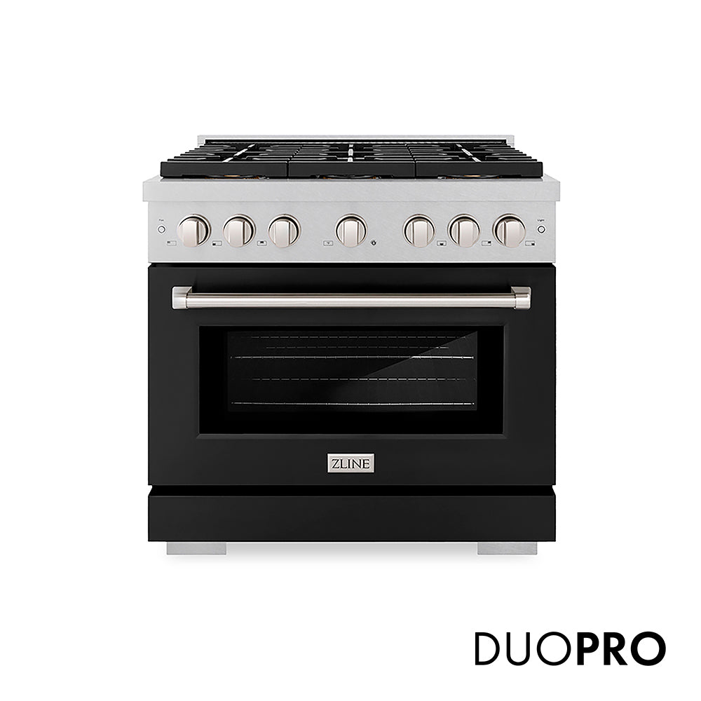 ZLINE 36 in. 5.2 cu. ft. Paramount Gas Range with 6 Burner DuoPro™ Cooktop and Convection Gas Oven in Satin Stainless Steel with Black Matte Door (PSGRS-BLM-36) front, with DuoPro™ logo.