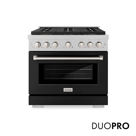 ZLINE 36 in. 5.2 cu. ft. Paramount Gas Range with 6 Burner DuoPro™ Cooktop and Convection Gas Oven in Satin Stainless Steel with Black Matte Door (PSGRS-BLM-36) front, with DuoPro™ logo.