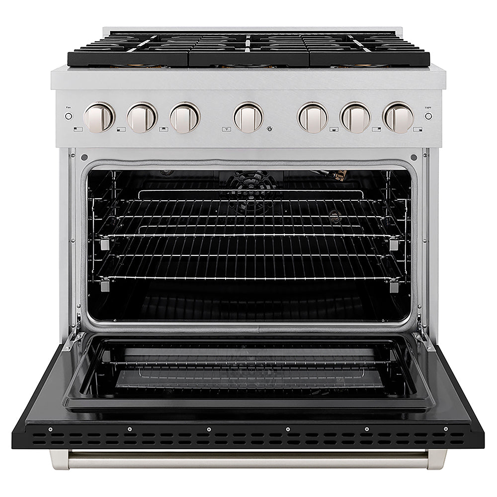 ZLINE 36 in. 5.2 cu. ft. Paramount Gas Range with 6 Burner DuoPro™ Cooktop and Convection Gas Oven in Satin Stainless Steel with Black Matte Door (PSGRS-BLM-36) front, oven open.