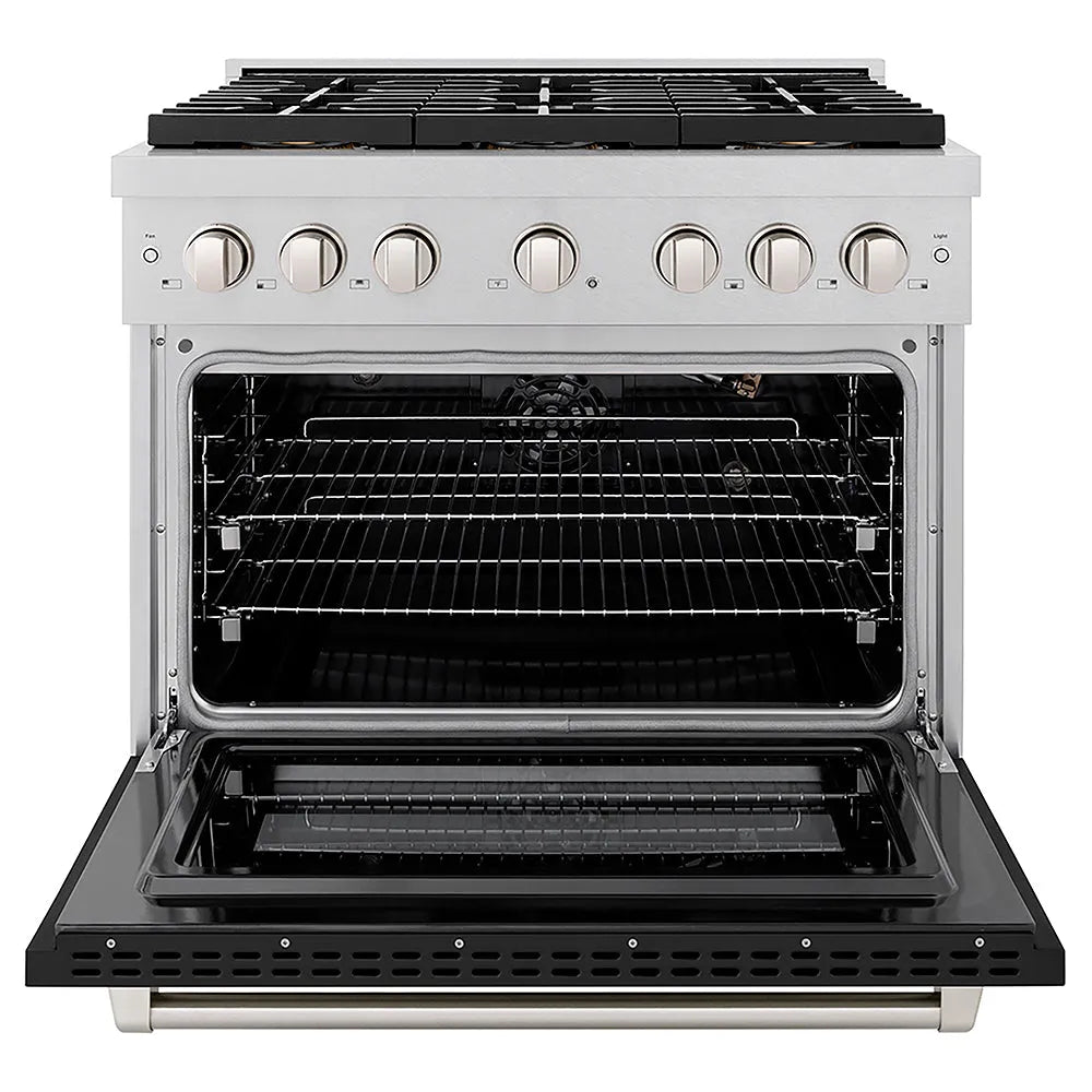 ZLINE 36 in. 5.2 cu. ft. Paramount Gas Range with 6 Burner DuoPro™ Cooktop and Convection Gas Oven in Satin Stainless Steel with Black Matte Door (PSGRS-BLM-36) front, oven open.