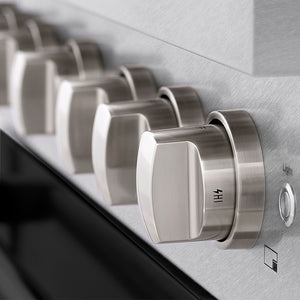 ZLINE 36 in. 5.2 cu. ft. Paramount Gas Range with 6 Burner DuoPro™ Cooktop and Convection Gas Oven in Satin Stainless Steel with Black Matte Door (PSGRS-BLM-36) oven and cooktop knobs.