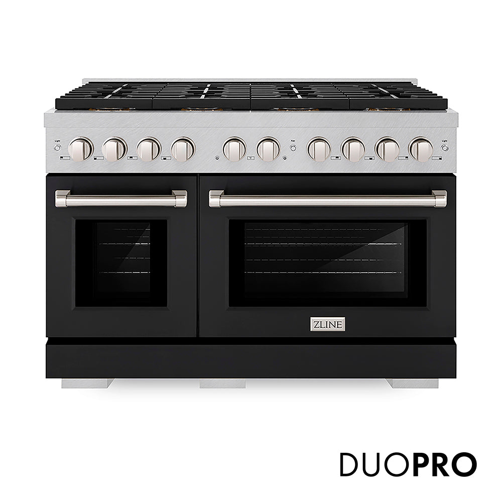 ZLINE 48 in. 6.7 cu. ft. Paramount Gas Range with 8 Burner DuoPro™ Cooktop and Dual Ovens in Satin Stainless Steel with Black Matte Doors (PSGRS-BLM-48) front, with DuoPro™ logo.