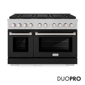 ZLINE 48 in. 6.7 cu. ft. Paramount Gas Range with 8 Burner DuoPro™ Cooktop and Dual Ovens in Satin Stainless Steel with Black Matte Doors (PSGRS-BLM-48) front, with DuoPro™ logo.