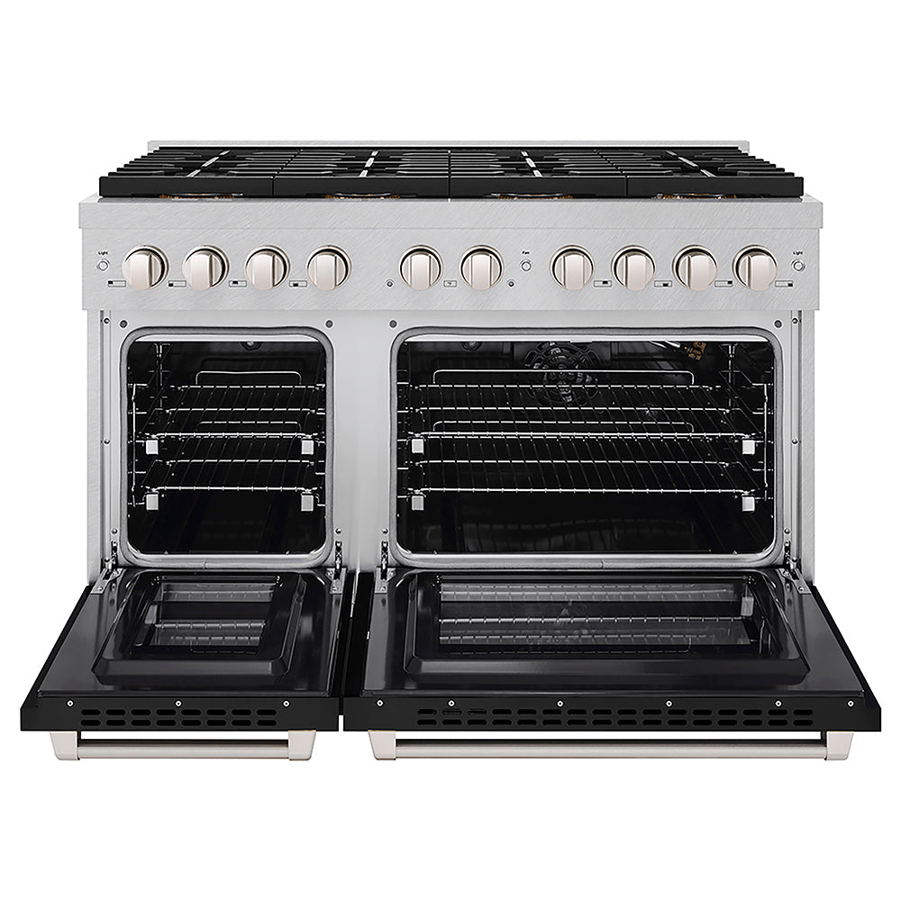 ZLINE 48 in. 6.7 cu. ft. Paramount Gas Range with 8 Burner DuoPro™ Cooktop and Dual Ovens in Satin Stainless Steel with Black Matte Doors (PSGRS-BLM-48) front, oven open.