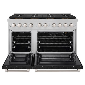 ZLINE 48 in. 6.7 cu. ft. Paramount Gas Range with 8 Burner DuoPro™ Cooktop and Dual Ovens in Satin Stainless Steel with Black Matte Doors (PSGRS-BLM-48) front, oven open.