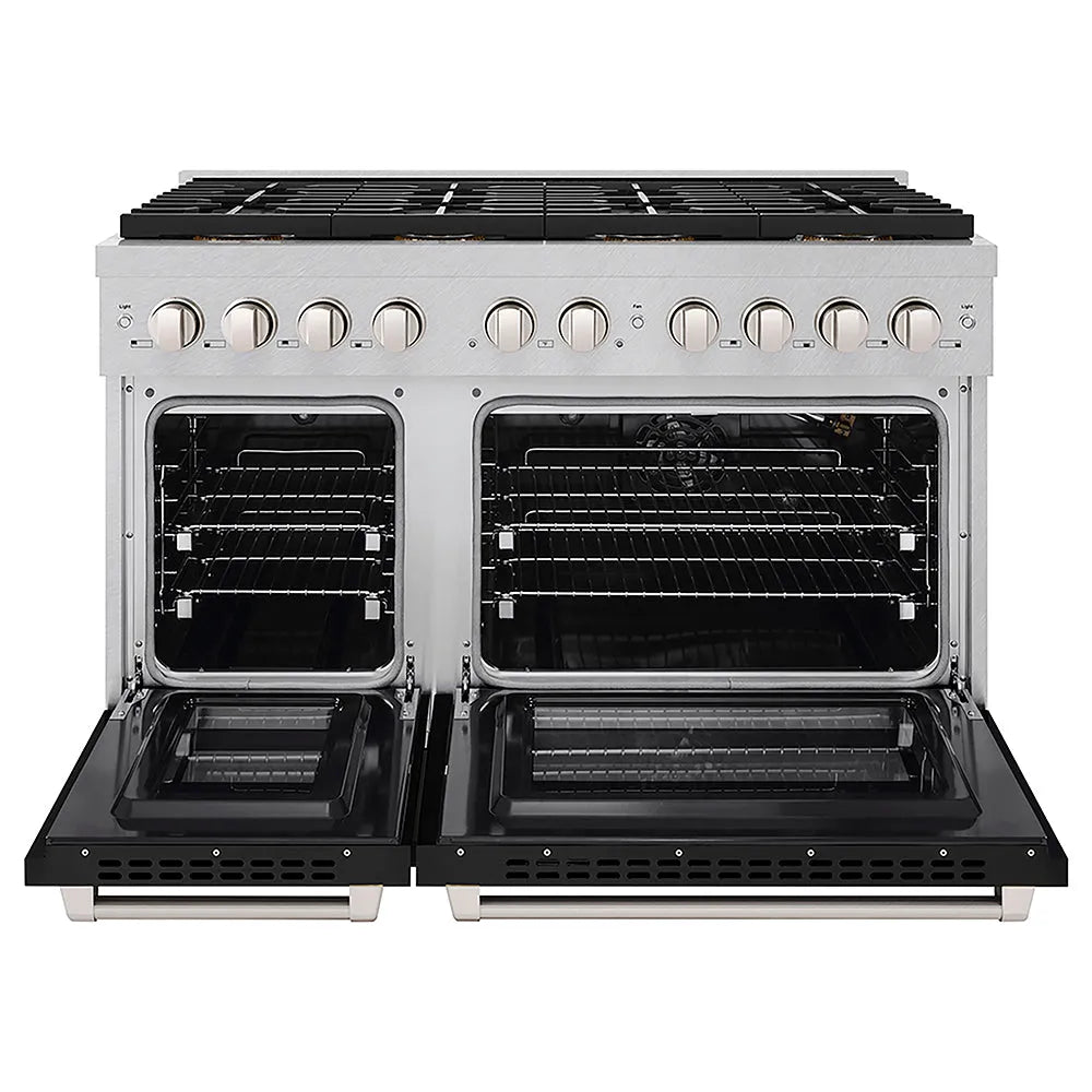 ZLINE 48 in. 6.7 cu. ft. Paramount Gas Range with 8 Burner DuoPro™ Cooktop and Dual Ovens in Satin Stainless Steel with Black Matte Doors (PSGRS-BLM-48) front, oven open.