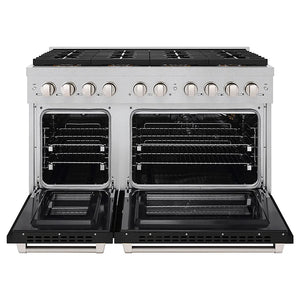 ZLINE 48 in. 6.7 cu. ft. Paramount Gas Range with 8 Burner DuoPro™ Cooktop and Dual Ovens in Satin Stainless Steel with Black Matte Doors (PSGRS-BLM-48) front, oven open.