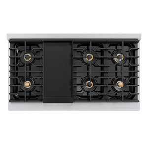 ZLINE 48 in. 6.7 cu. ft. Paramount Gas Range with 8 Burner DuoPro™ Cooktop and Dual Ovens in Satin Stainless Steel with Black Matte Doors (PSGRS-BLM-48) top-down, above cooktop.