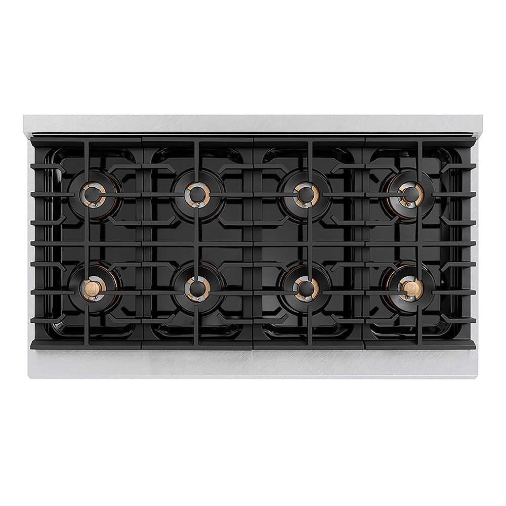 ZLINE 48 in. 6.7 cu. ft. Paramount Gas Range with 8 Burner DuoPro™ Cooktop and Dual Ovens in Satin Stainless Steel with Black Matte Doors (PSGRS-BLM-48) top-down, above cooktop.