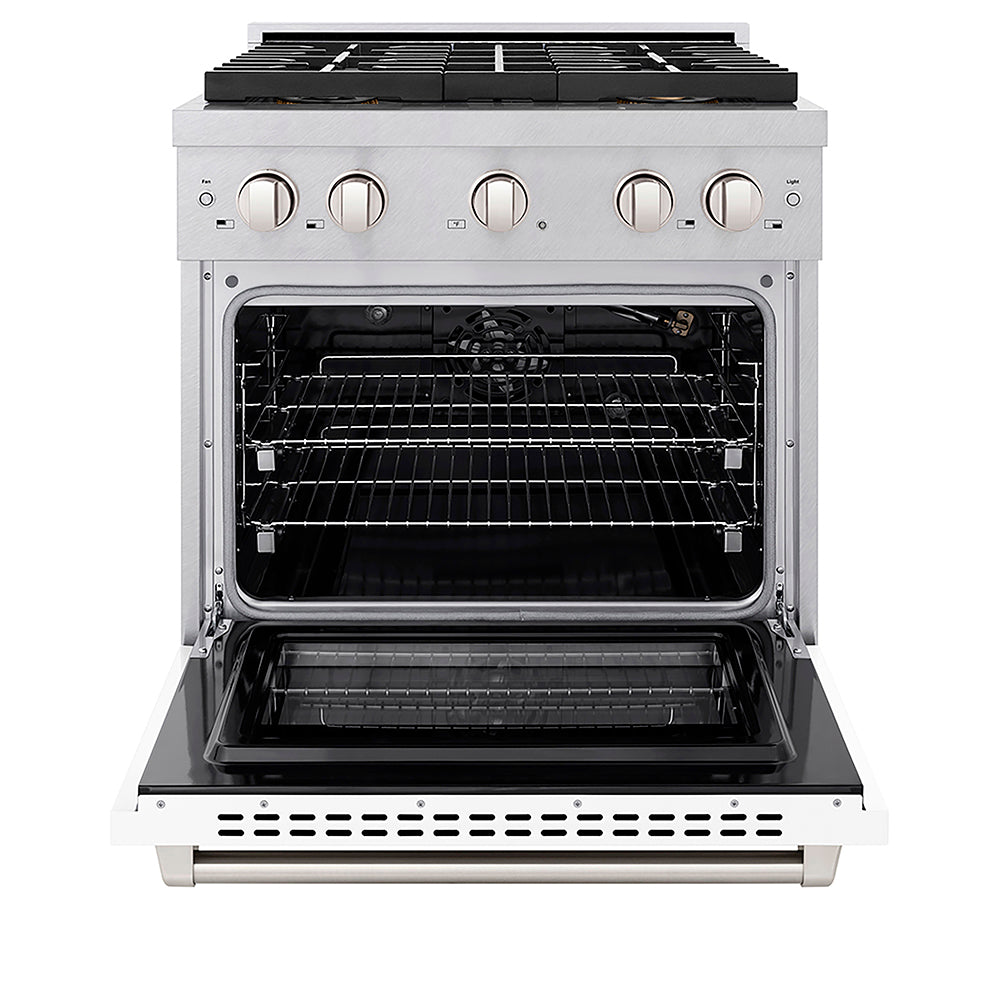 ZLINE 30 in. 4.2 cu. ft. Paramount Gas Range with 4 Burner DuoPro™ Cooktop and Convection Gas Oven in Satin Stainless Steel with White Matte Door (PSGRS-WM-30)