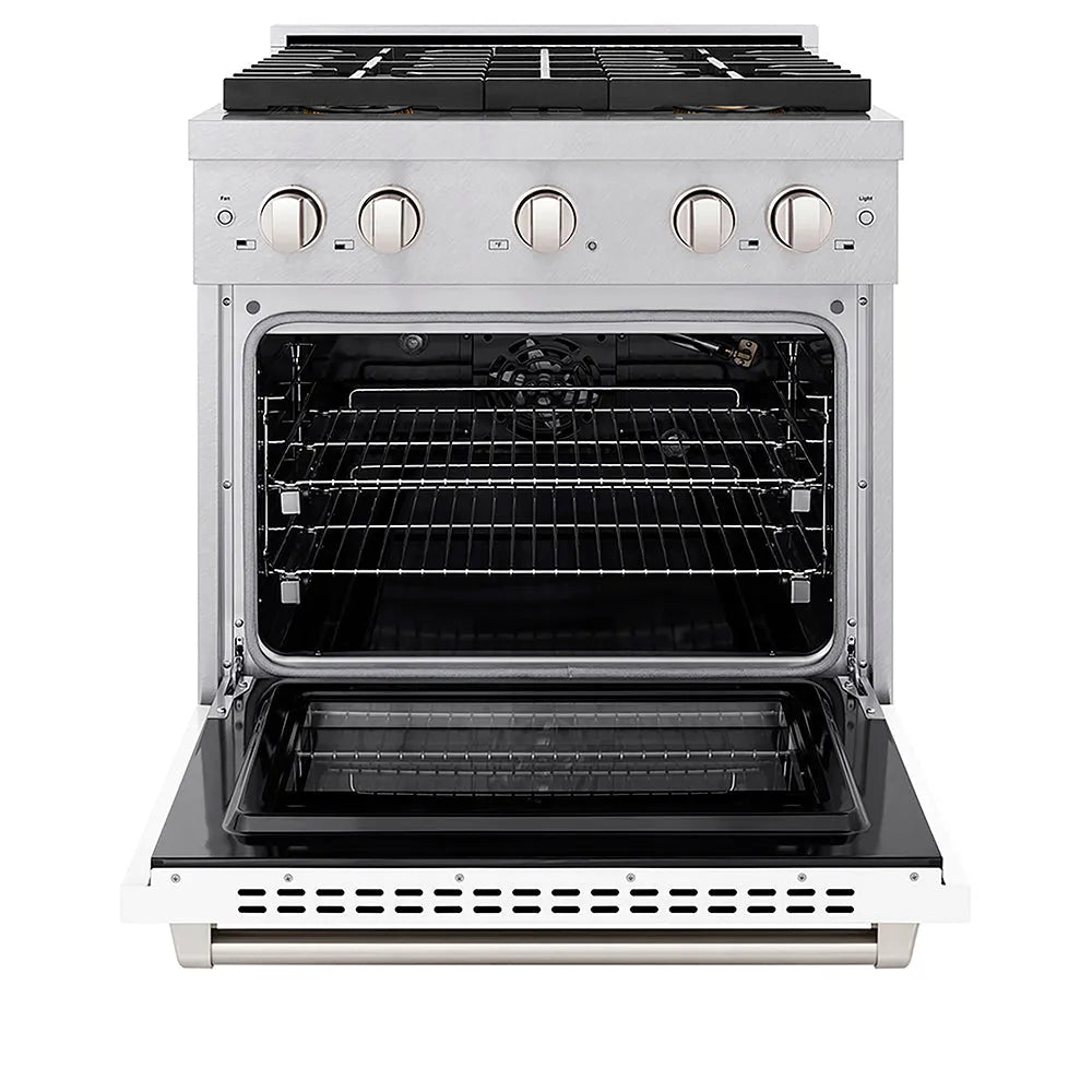 ZLINE 30 in. 4.2 cu. ft. Paramount Gas Range with 4 Burner DuoPro™ Cooktop and Convection Gas Oven in Satin Stainless Steel with White Matte Door (PSGRS-WM-30) front, oven open.