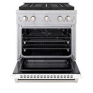 ZLINE 30 in. 4.2 cu. ft. Paramount Gas Range with 4 Burner DuoPro™ Cooktop and Convection Gas Oven in Satin Stainless Steel with White Matte Door (PSGRS-WM-30) front, oven open.