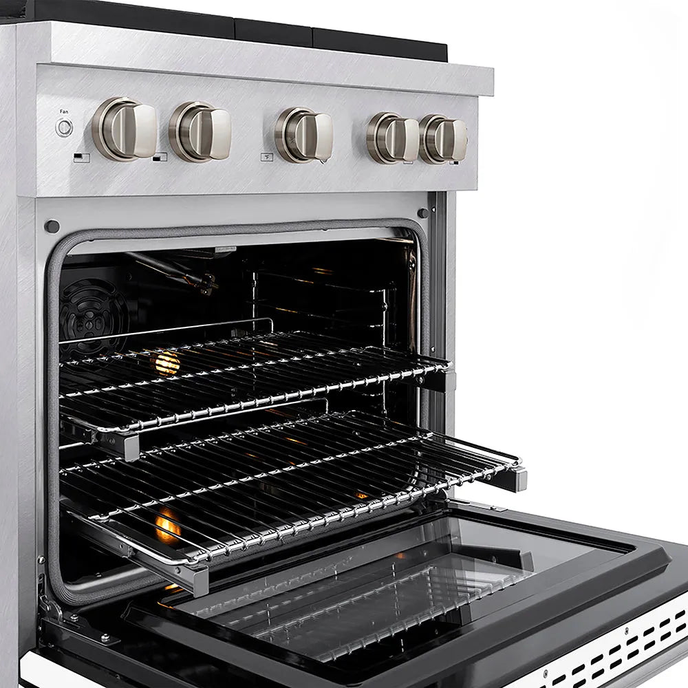 ZLINE 30 in. 4.2 cu. ft. Paramount Gas Range with 4 Burner DuoPro™ Cooktop and Convection Gas Oven in Satin Stainless Steel with White Matte Door (PSGRS-WM-30) close-up, oven open with racks extended, showing design and structure.