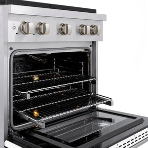 ZLINE 30 in. 4.2 cu. ft. Paramount Gas Range with 4 Burner DuoPro™ Cooktop and Convection Gas Oven in Satin Stainless Steel with White Matte Door (PSGRS-WM-30) close-up, oven open with racks extended, showing design and structure.