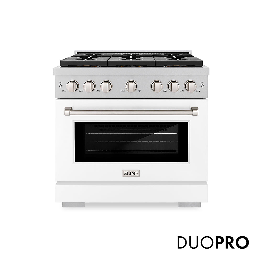 ZLINE 36 in. 5.2 cu. ft. Paramount Gas Range with 6 Burner DuoPro™ Cooktop and Convection Gas Oven in Satin Stainless Steel with White Matte Door (PSGRS-WM-36)