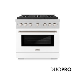 ZLINE 36 in. 5.2 cu. ft. Paramount Gas Range with 6 Burner DuoPro™ Cooktop and Convection Gas Oven in Satin Stainless Steel with White Matte Door (PSGRS-WM-36)