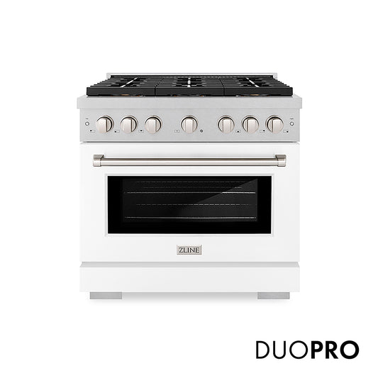 ZLINE 36 in. 5.2 cu. ft. Paramount Gas Range with 6 Burner DuoPro™ Cooktop and Convection Gas Oven in Satin Stainless Steel with White Matte Door (PSGRS-WM-36)