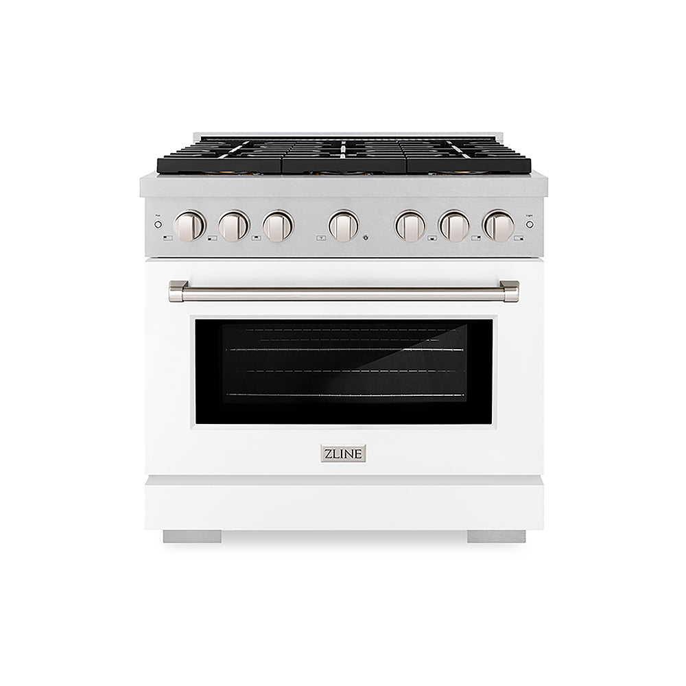 ZLINE 36 in. 5.2 cu. ft. Paramount Gas Range with 6 Burner DuoPro™ Cooktop and Convection Gas Oven in Satin Stainless Steel with White Matte Door (PSGRS-WM-36)