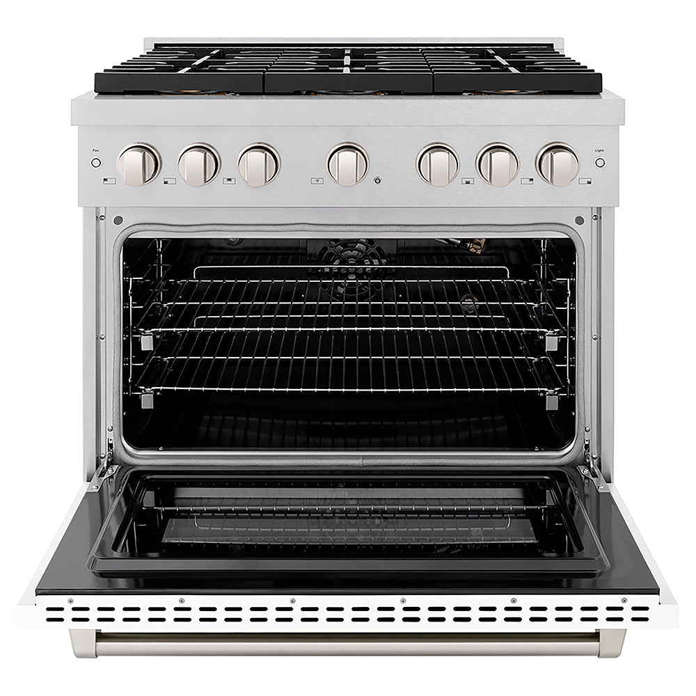 ZLINE 36 in. 5.2 cu. ft. Paramount Gas Range with 6 Burner DuoPro™ Cooktop and Convection Gas Oven in Satin Stainless Steel with White Matte Door (PSGRS-WM-36)