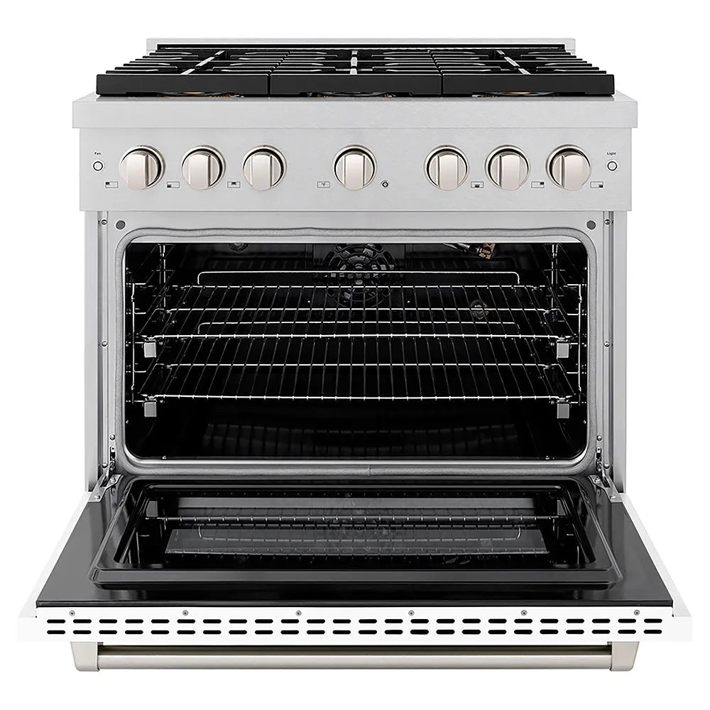 ZLINE 36 in. 5.2 cu. ft. Paramount Gas Range with 6 Burner DuoPro™ Cooktop and Convection Gas Oven in Satin Stainless Steel with White Matte Door (PSGRS-WM-36) front, oven open.