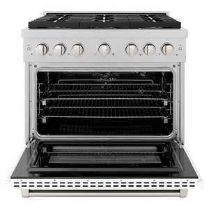 ZLINE 36 in. 5.2 cu. ft. Paramount Gas Range with 6 Burner DuoPro™ Cooktop and Convection Gas Oven in Satin Stainless Steel with White Matte Door (PSGRS-WM-36) front, oven open.