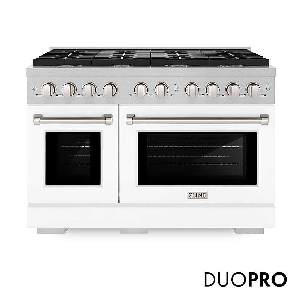 ZLINE 48 in. 6.7 cu. ft. Paramount Gas Range with 8 Burner DuoPro™ Cooktop and Dual Ovens in Satin Stainless Steel with White Matte Doors (PSGRS-WM-48)