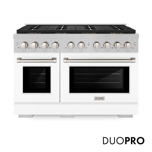ZLINE 48 in. 6.7 cu. ft. Paramount Gas Range with 8 Burner DuoPro™ Cooktop and Dual Ovens in Satin Stainless Steel with White Matte Doors (PSGRS-WM-48)